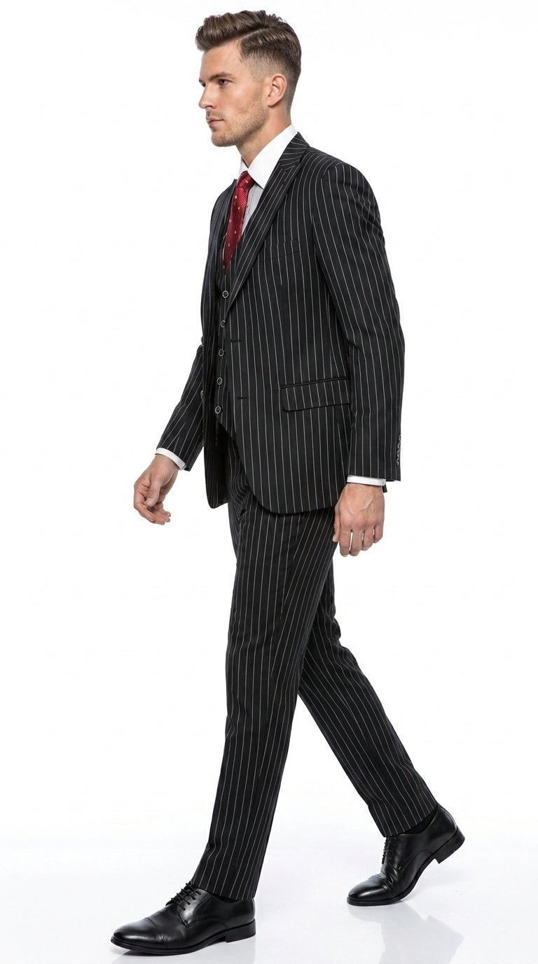 Men’s Beetlejuice Black Pinstripe 3 Piece Suit – Vintage Gothic Halloween Costume Suit