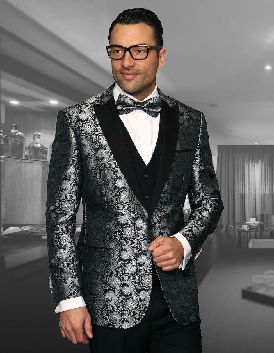 Shiny Black Floral Peak Lapel Tuxedo with Vest