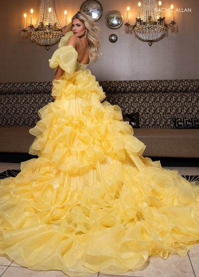 Rachel Allan 50334 Beaded Puff Sleeve Overskirt Gown