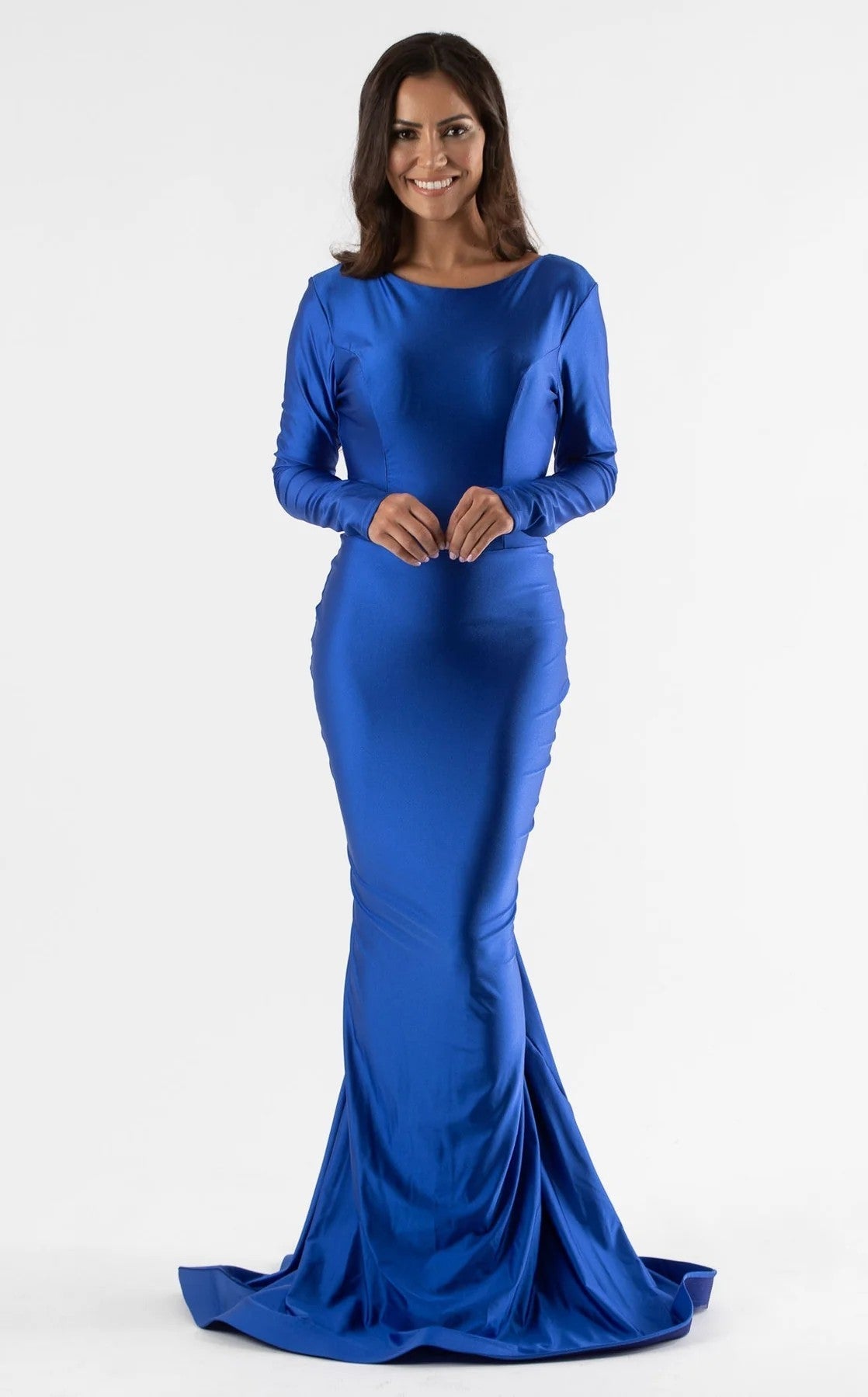 Jessica Angel JA509 Long Sleeve Fitted Backless Ruched Train Jersey Dress