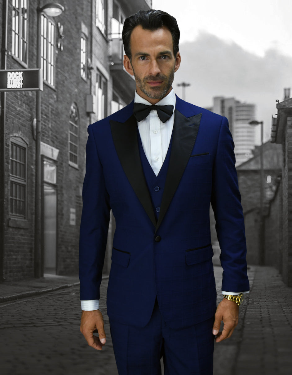 Sapphire Blue Wool Peak Lapel Vested Tuxedo