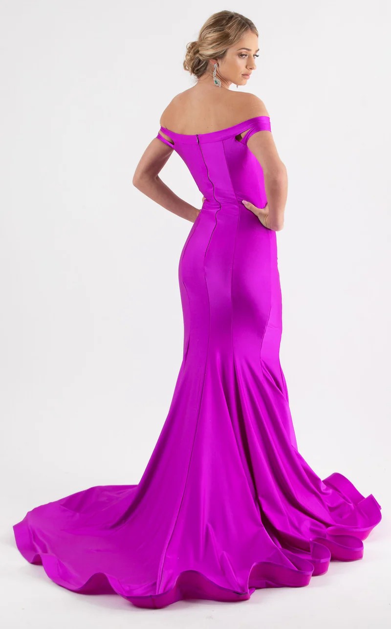 Jessica Angel JA524 Off-Shoulder Fitted High Slit Court Train Jersey Dress