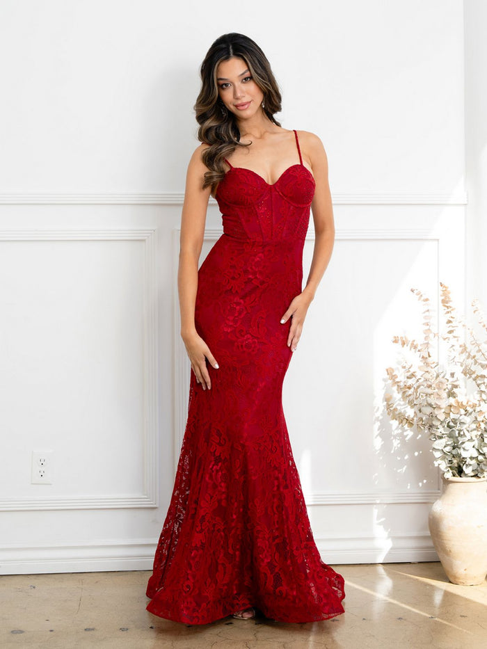 Eva USA EV5277 Structured Corset Lace Overlay Evening Dress