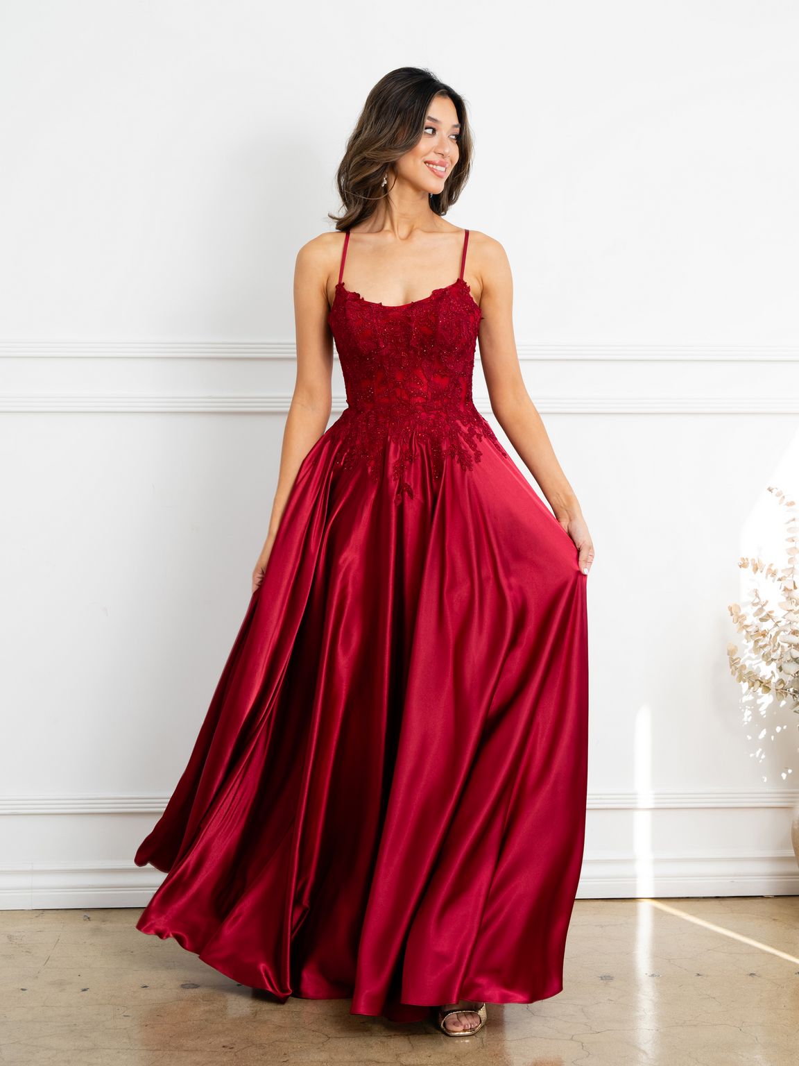 Eva USA EV5289 A-Line Lace Corset Dress with Appliqué and Boning Construction
