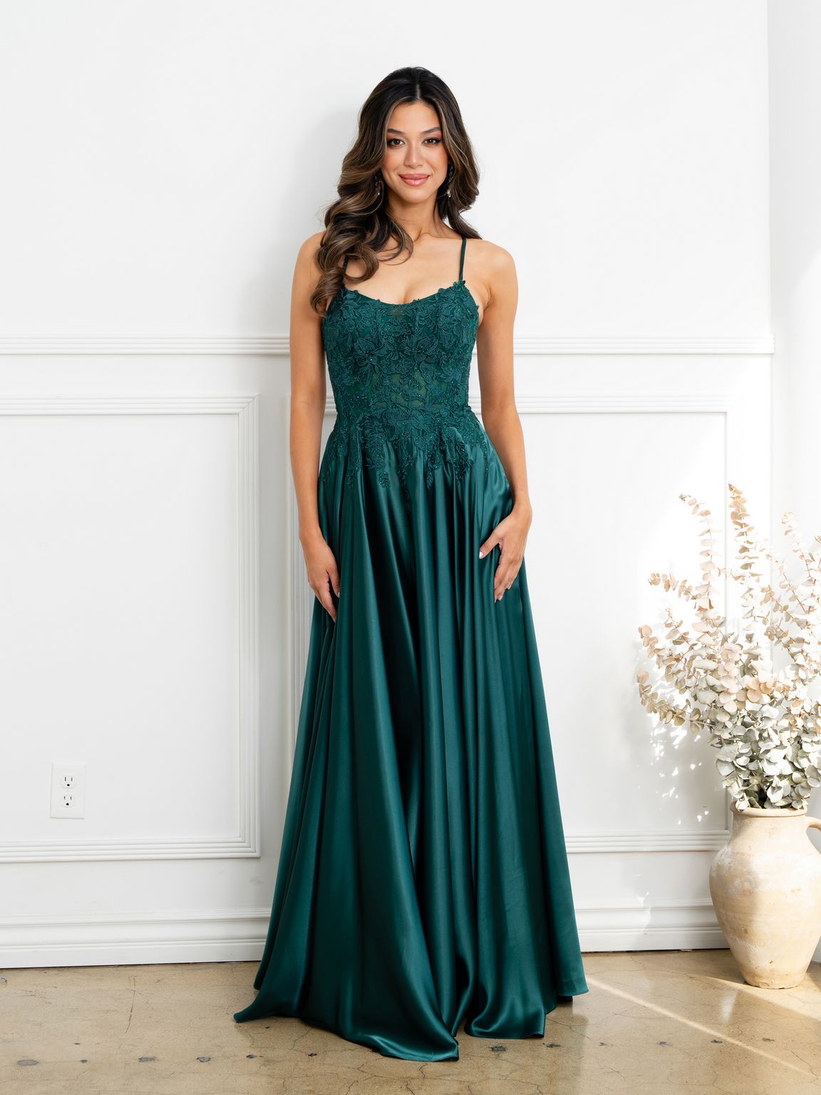 Eva USA EV5289 A-Line Lace Corset Dress with Appliqué and Boning Construction
