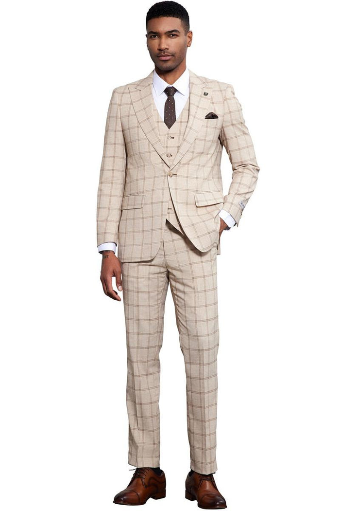 Stacy Adams One Button Windowpane Plaid Suit Tan