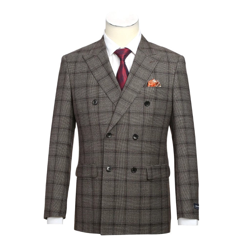Brown Double Breasted Wool Slim Suit for Men