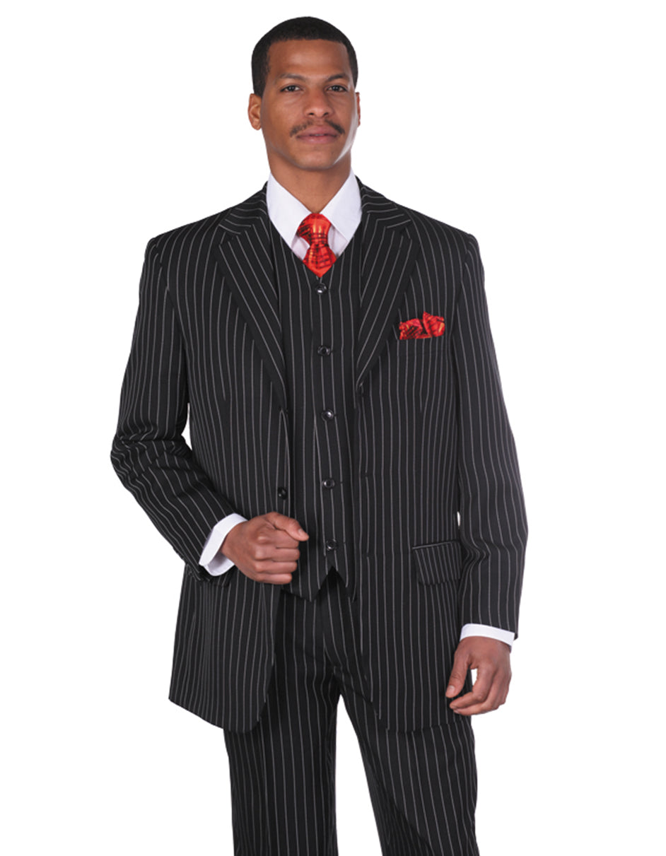 3 Button Pinstripe Gangster Black Suit