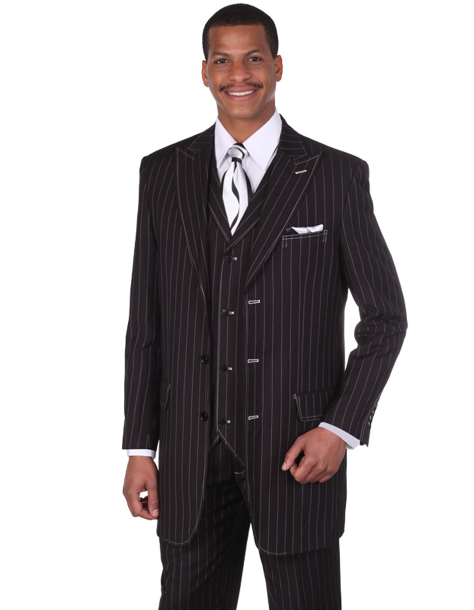3 Button Peak Lapel Pinstripe Gangster Suit