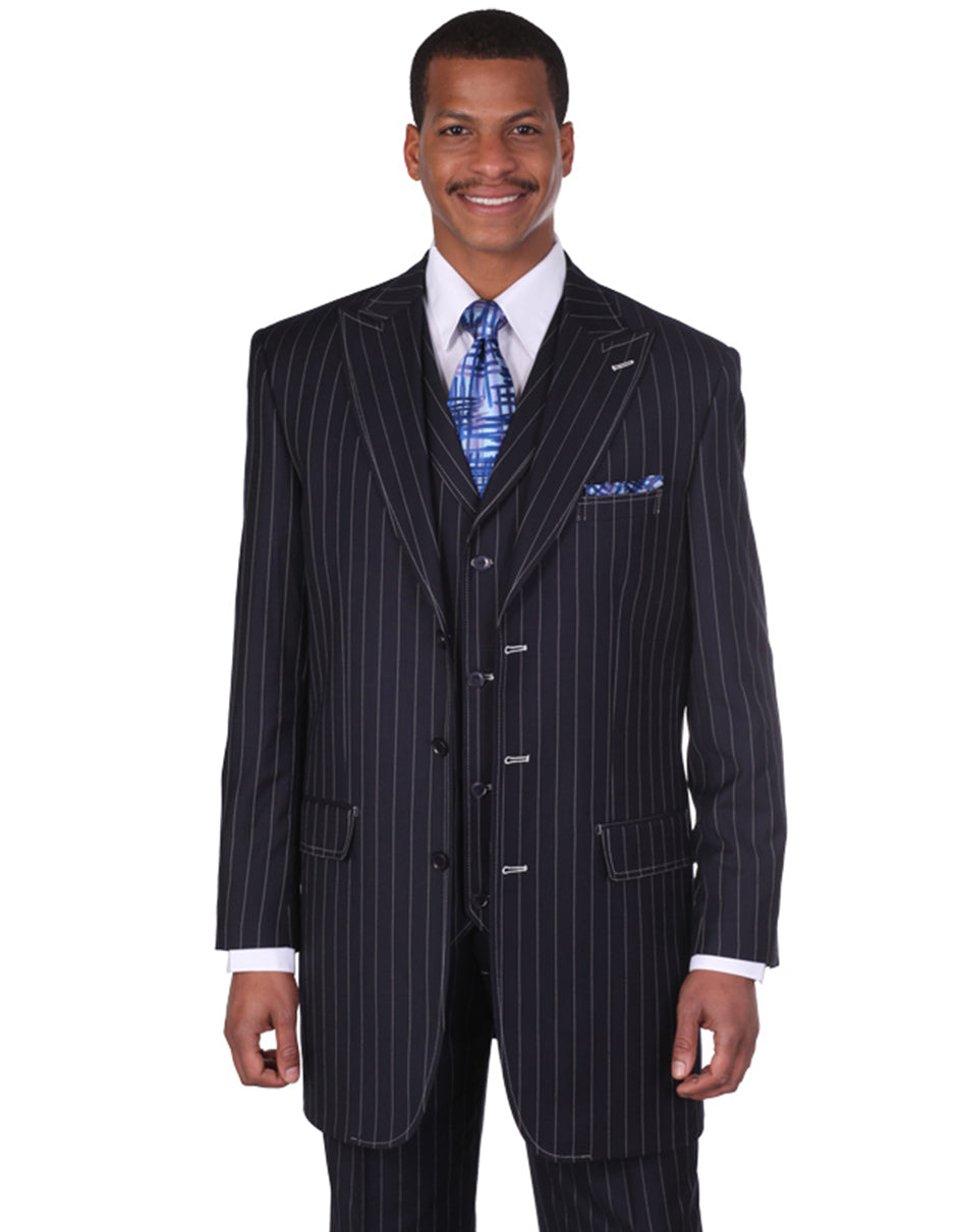 3 Button Peak Lapel Navy Pinstripe Suit