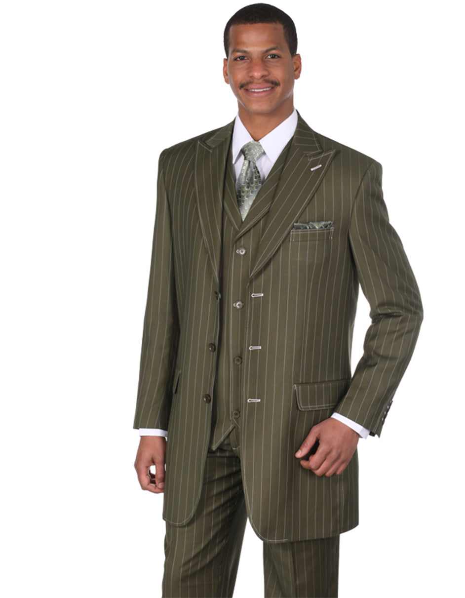 Olive Pinstripe Gangster Suit - 3 Button Peak Lapel