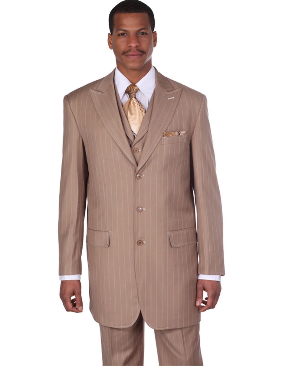 Tan Pinstripe 3-Button Peak Lapel Suit