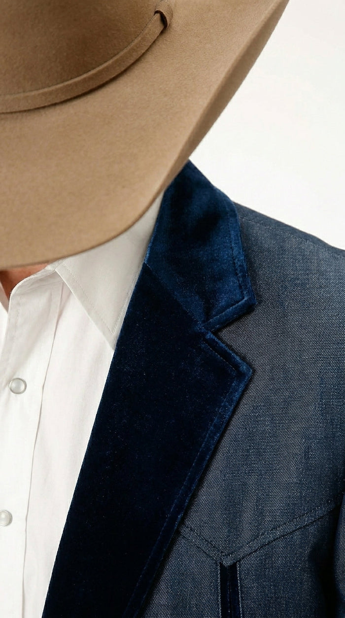 Men’s Sapphire Indigo Western Cowboy Blazer – Classic Western Style Jacket, Country Casual Dress Blazer in Navy Blue with sheen