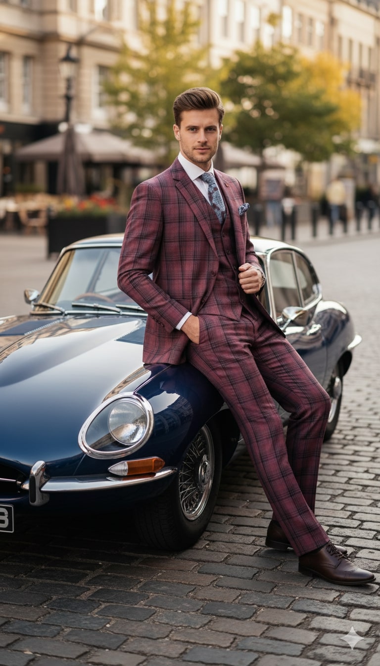 Red Burgundy Plaid 3-Piece Suit for Men