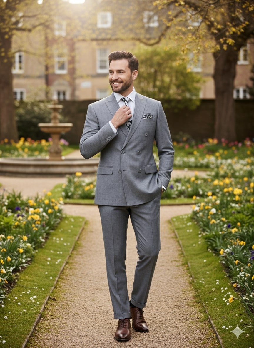 Grey Double-Breasted Slim Fit Suit
