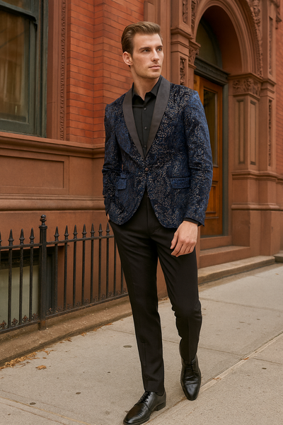 Navy Blue Sequin Tuxedo Jacket with Satin Lapel