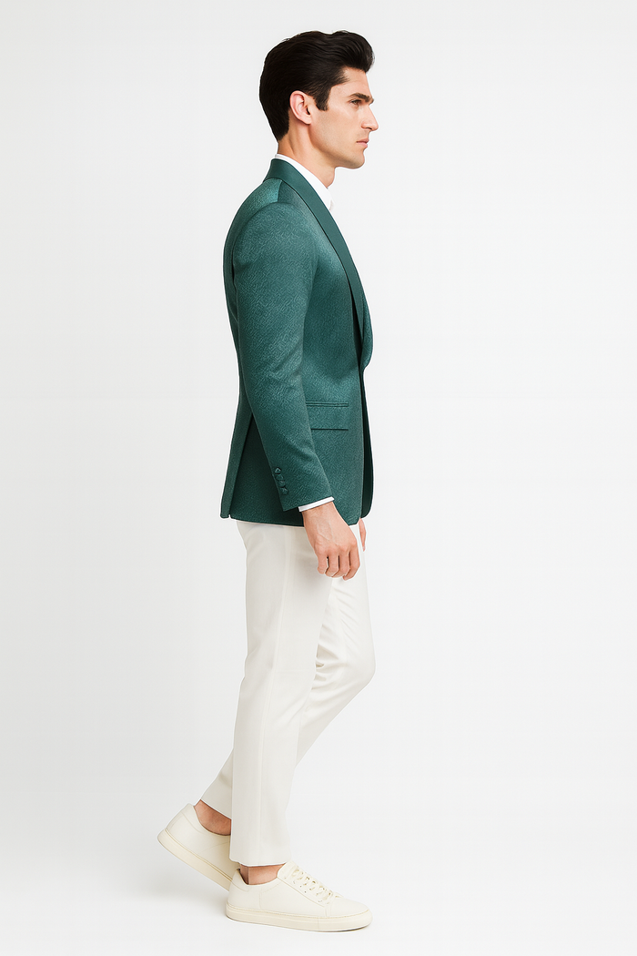 Teal Green Floral Jacquard Slim Tuxedo Blazer