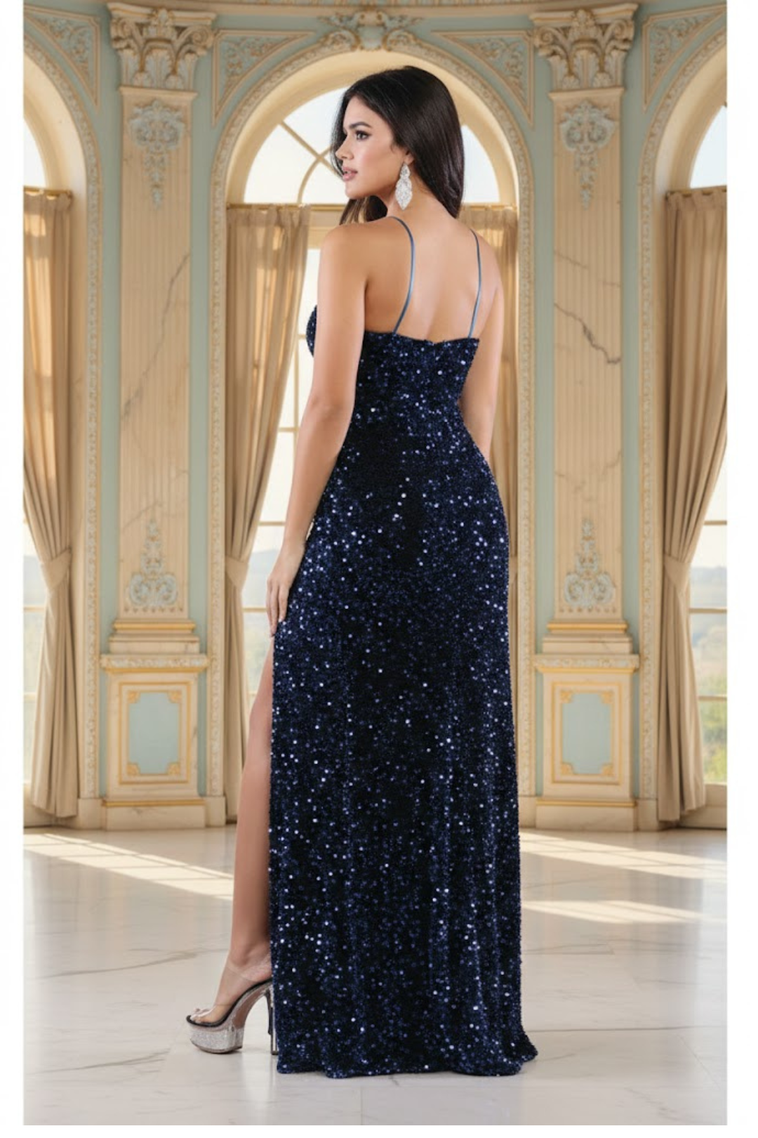 Royal Queen RQ7986 V-Neck Long Sequin Sheath Dress