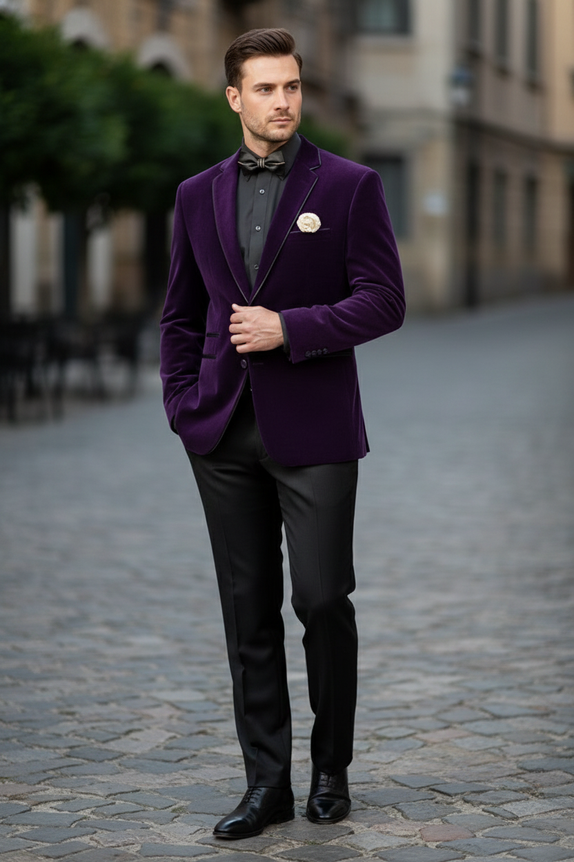 Men’s Purple Velvet Blazer – Luxury Slim Fit Formal Jacket with Black Satin Trim Tuxedo Dinner Jacket Purple / 56 Long