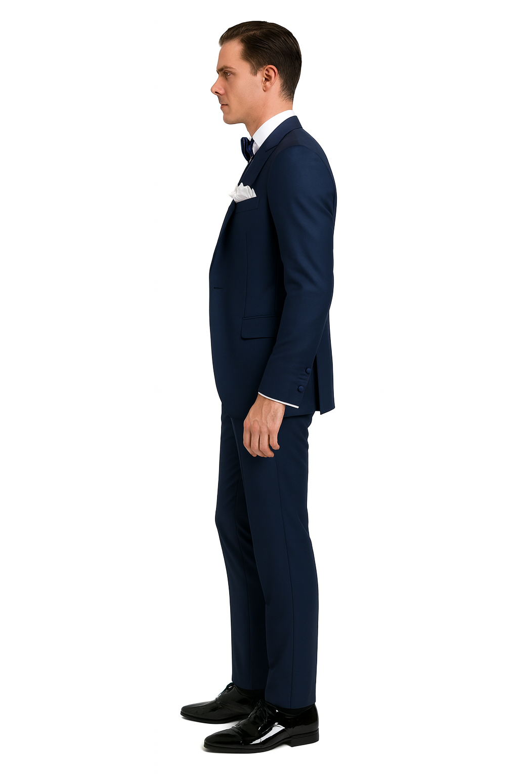 Men’s Navy Blue Tuxedo with Satin Peak Lapel with navy sateen  – 3 Piece Formal Suit with Vest and Bow Tie