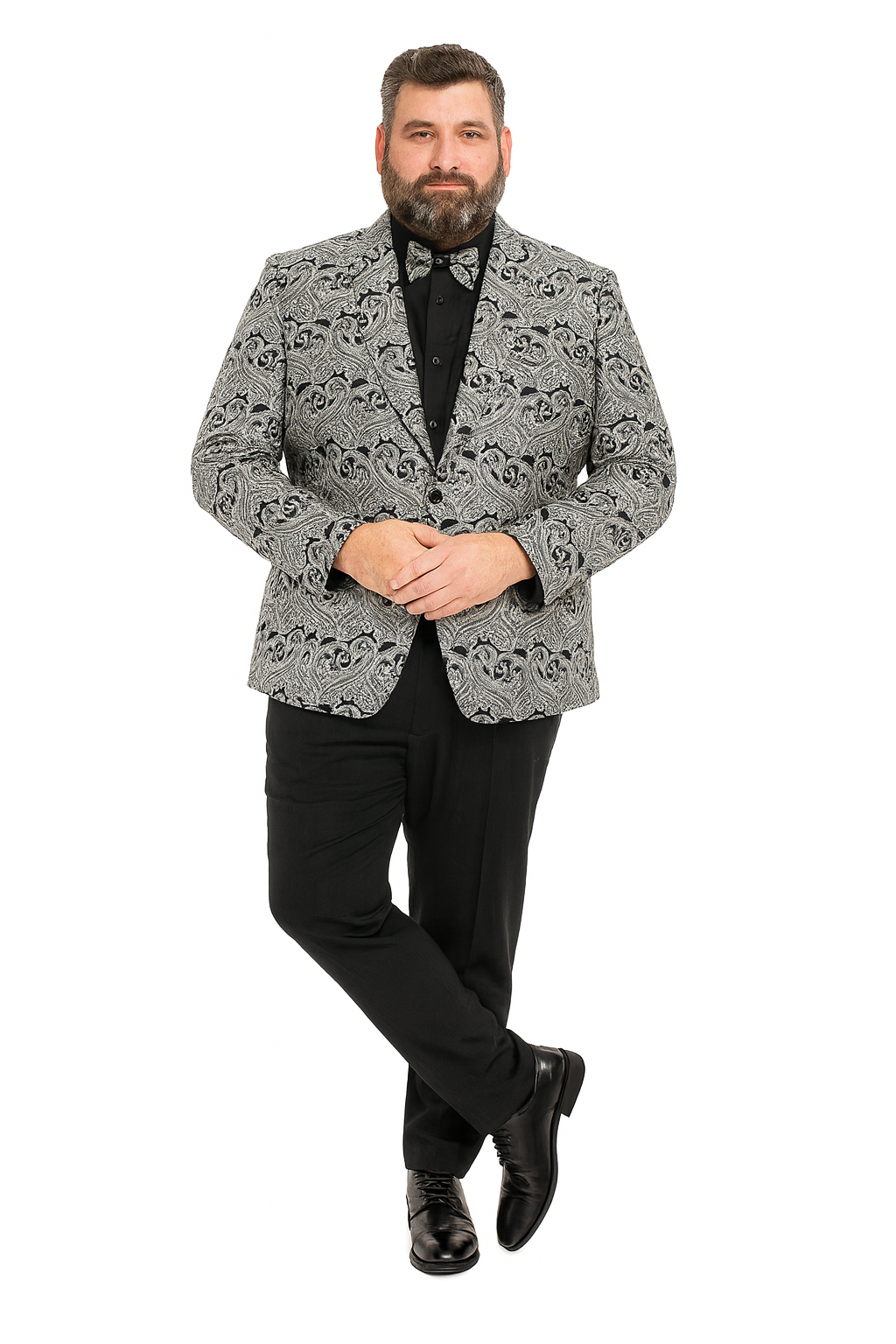 Men’s Black and Silver Paisley Tuxedo Jacket wiith Matching Bow Tie and Black Pants