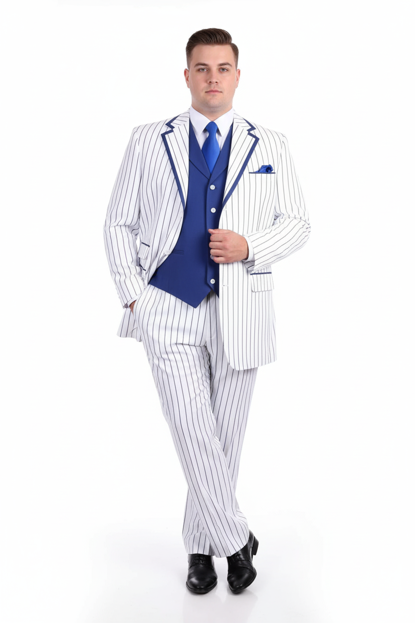 White and Royal Blue Pinstripe 3-Piece Suit