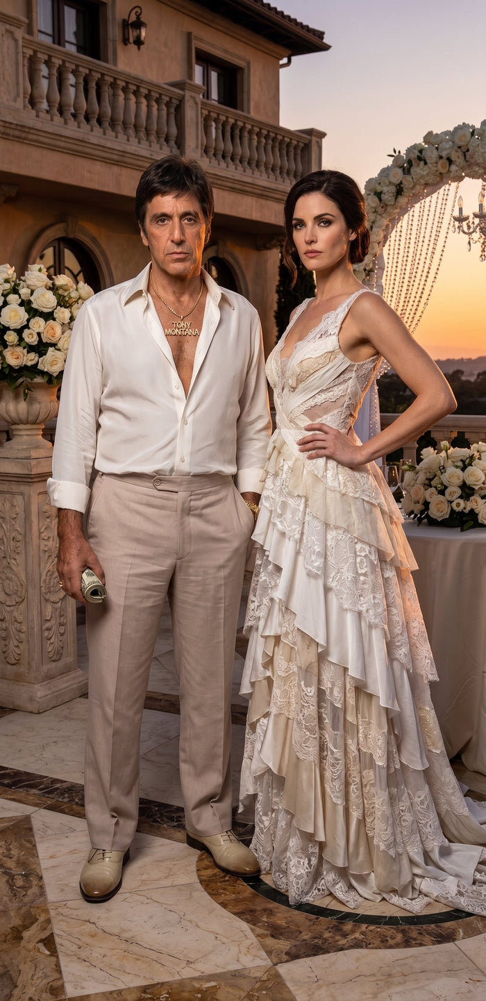 Tony Montana’s White Linen Shirt and Tan Pants – Men’s White Formal Shirt with Tan Trousers for Party, Wedding and Vintage Style Outfit