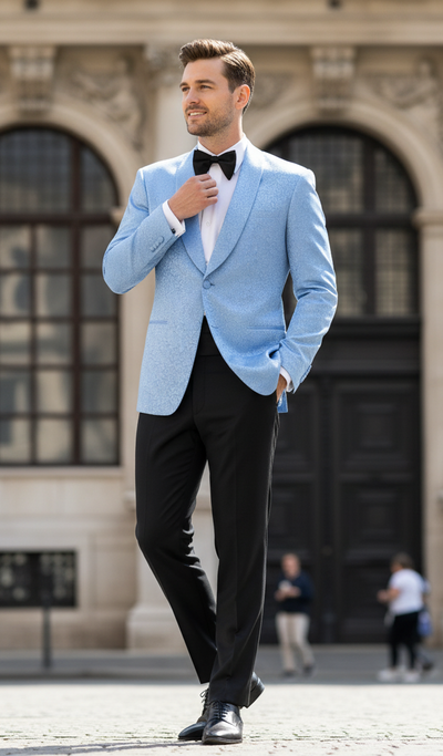 Light Blue Paisley Satin Shawl Tuxedo Jacket