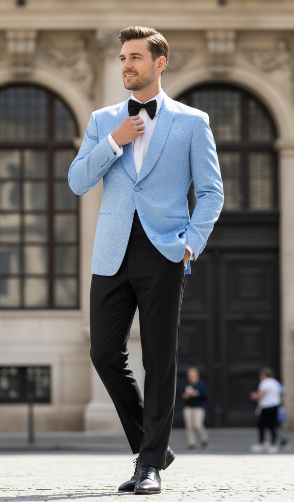 Light Blue Paisley Satin Shawl Tuxedo Jacket