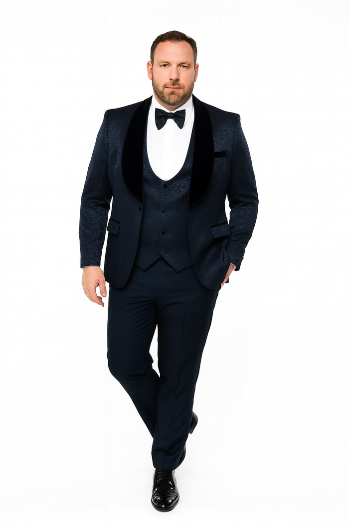 Navy Jacquard Tuxedo with Velvet Lapel - 3 Piece