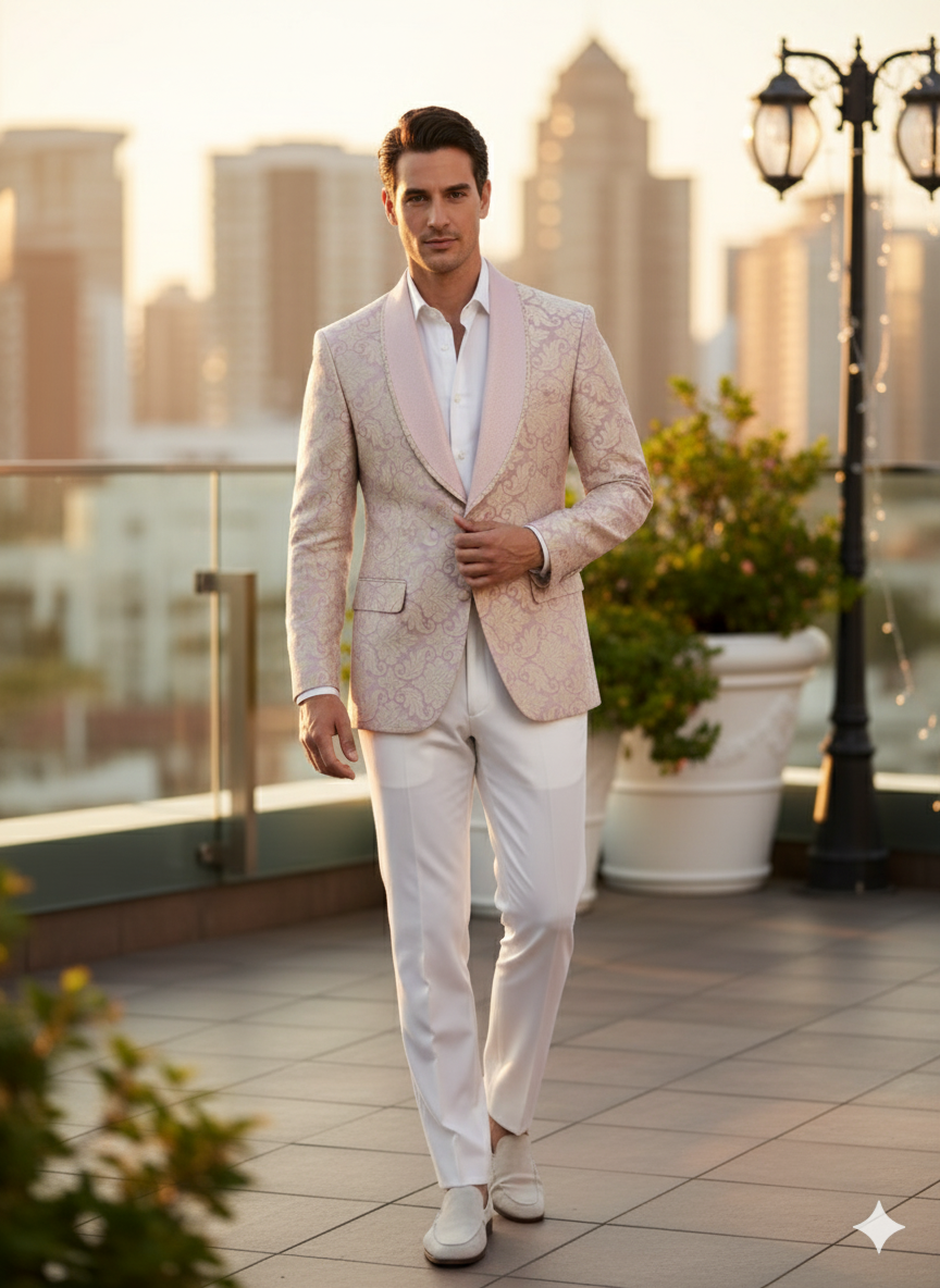 Men’s Lavender and Gold Tuxedo Embroidered Lilac Mauve Blazer – Designer Floral Pattern Wedding & Party Jacket