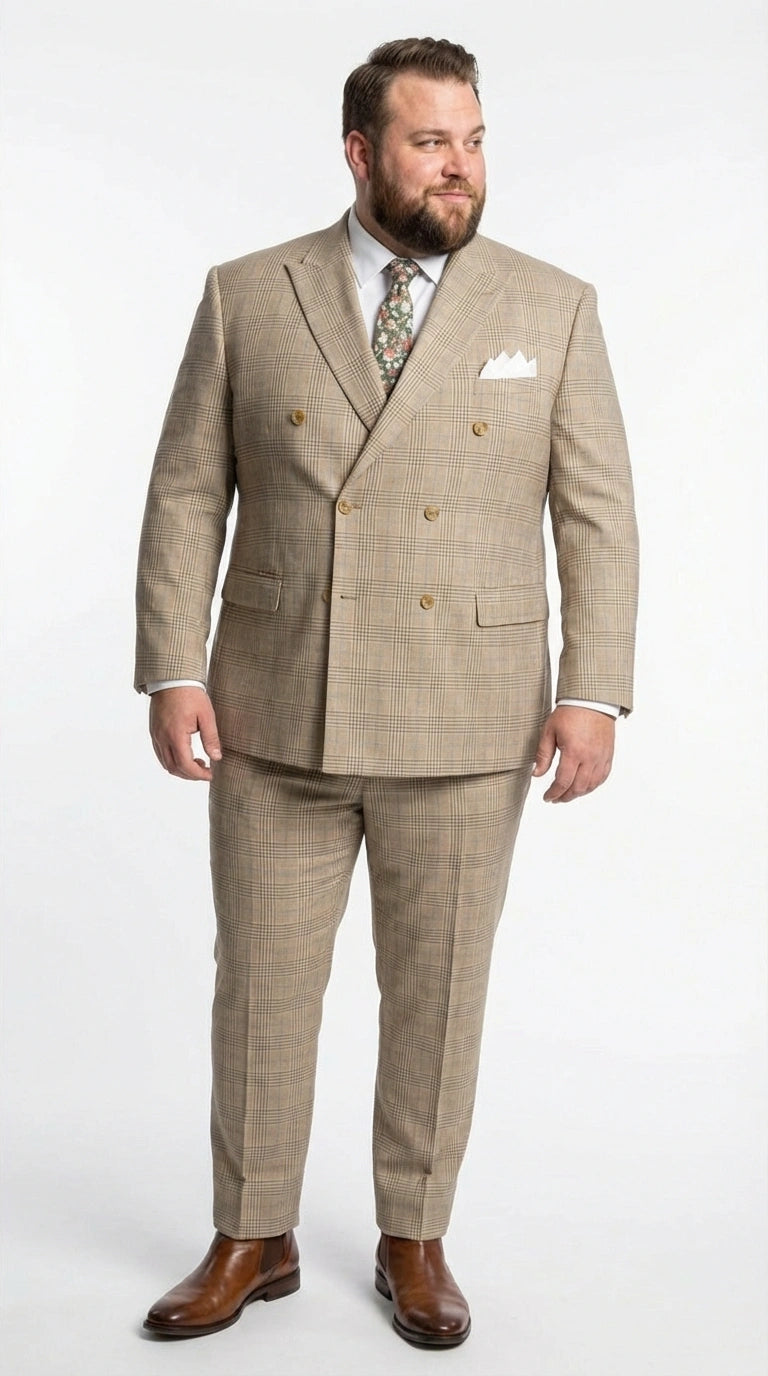 Vinci Men’s Beige Plaid Double Breasted Suit – Classic Checkered Formal Suit Set in Tan Color Windowpane Checkered Pattern