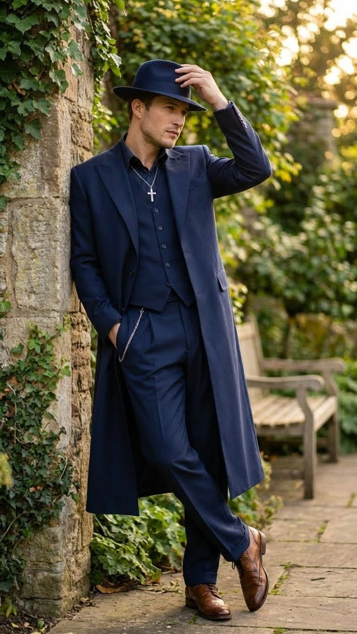 Men’s Navy Blue 1920s Zoot Suit – Long Mafia Gangster Three-Piece Vintage Costume Set Zuit Pachuco Style