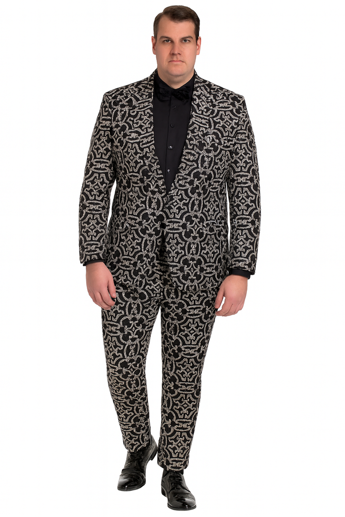 Men’s Black and Silver Sequin Tuxedo – Slim Fit 2-Piece Party and Wedding Suit with Sparkling Design- Black and White Color