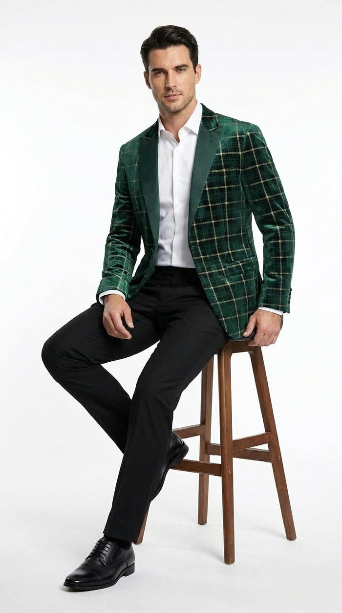 Men’s Green and Gold Plaid Christmas Holiday Blazer – Classic Check Party Jacket for New Year, Wedding and Festive New Year event