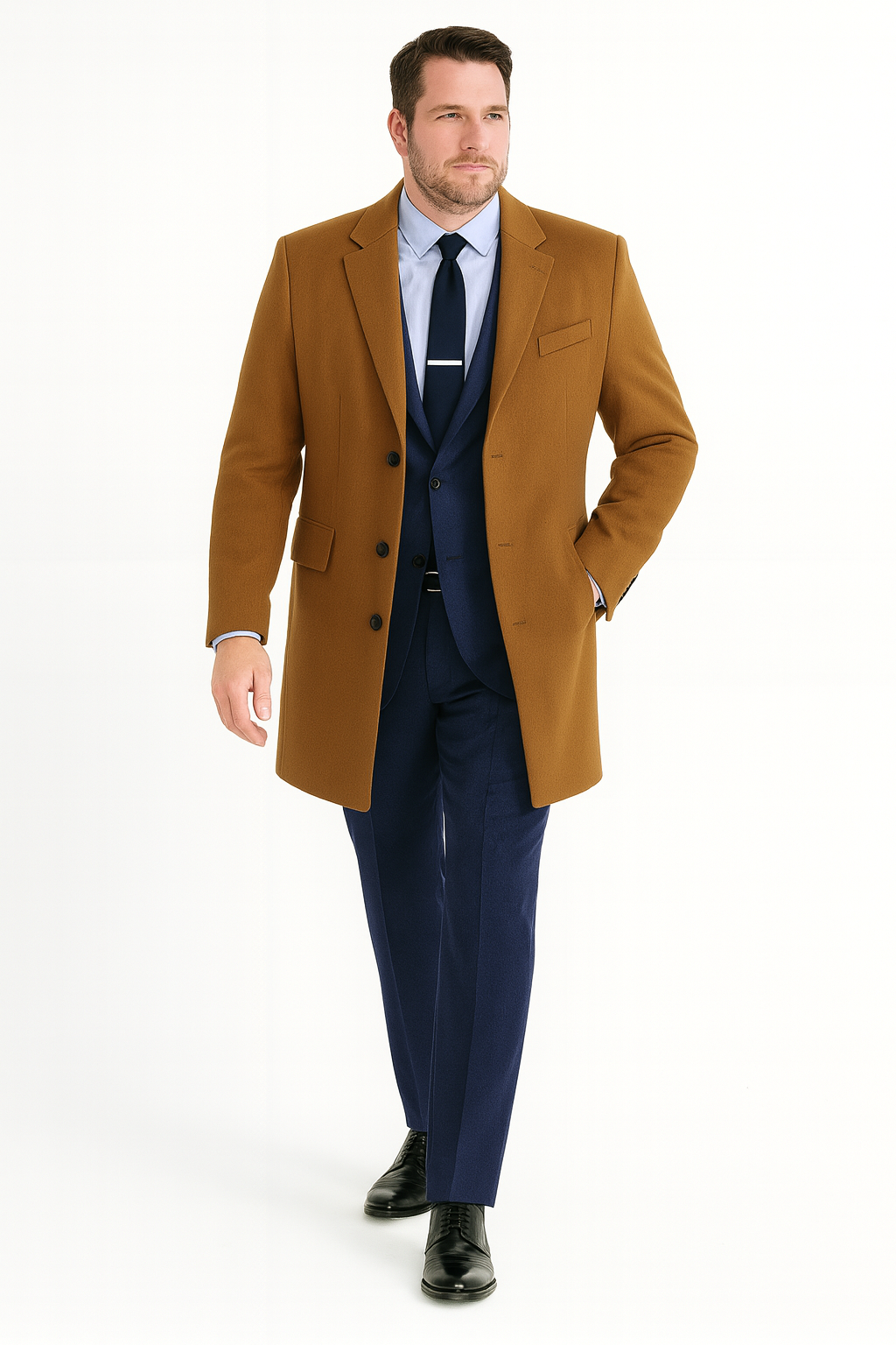 Men’s Camel Brown Wool Overcoat - Classic Long Dress Coat