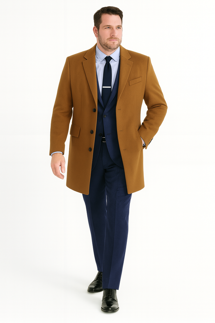Men’s Camel Brown Wool Overcoat - Classic Long Dress Coat