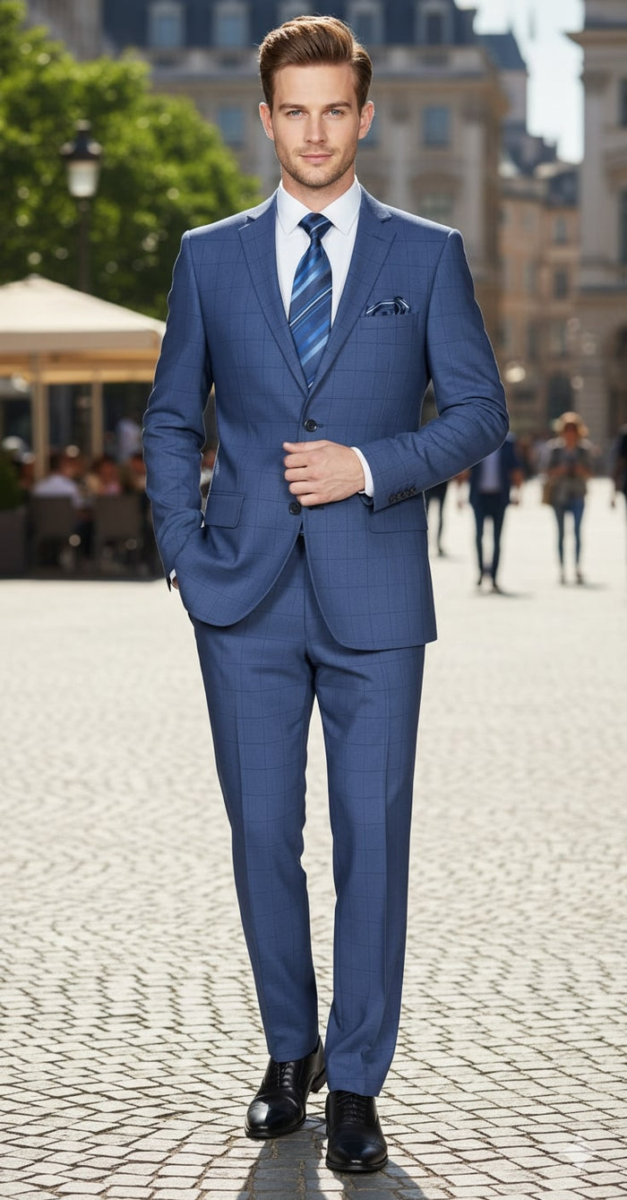 Indigo Navy Windowpane Check Men's Suit 2-Pc