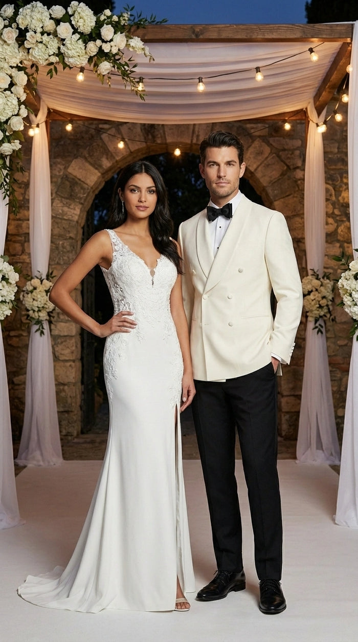 Men’s Ivory Wool Dinner Jacket – Classic Double Breasted Formal Tuxedo Jacket for Wedding and Black Tie Events