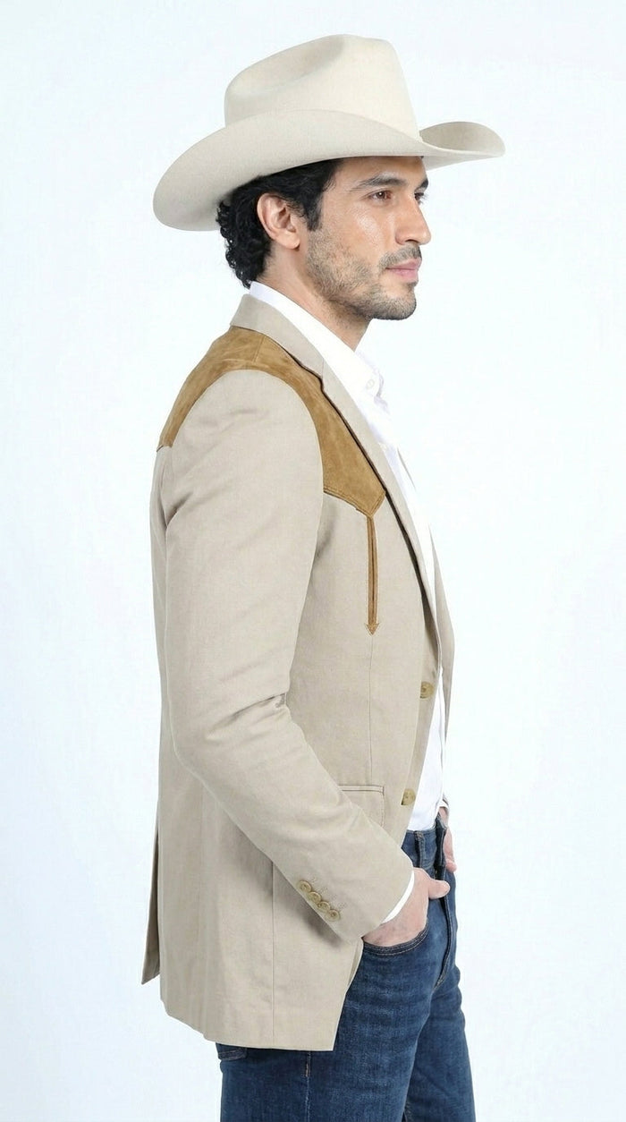 Men’s Khaki Western Blazer with Suede Yokes, Cowboy Sport Coat , Ranch and Country Events in Tan Khaki Color By Platini