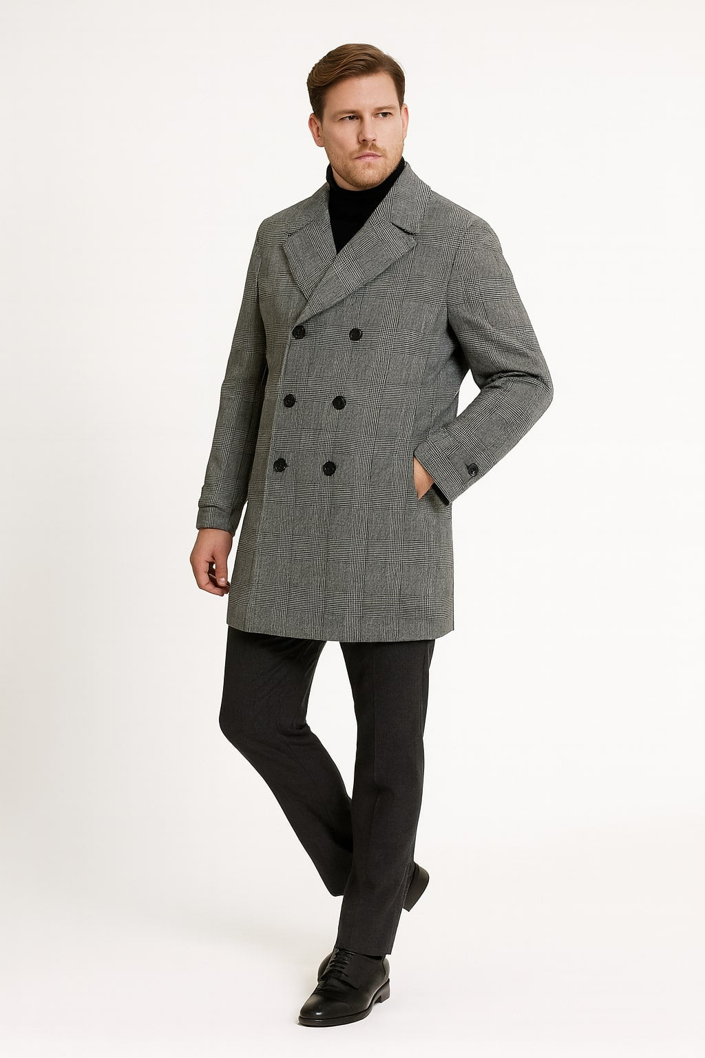 Grey Plaid Double-Breasted Overcoat with Faux Fur Collar