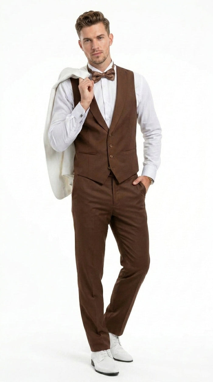 Men’s Ivory and Brown 3 Piece Suit – Elegant White Blazer with Brown Vest and Trousers for Wedding, Prom and Formal Events in off White Cream + Bowtie