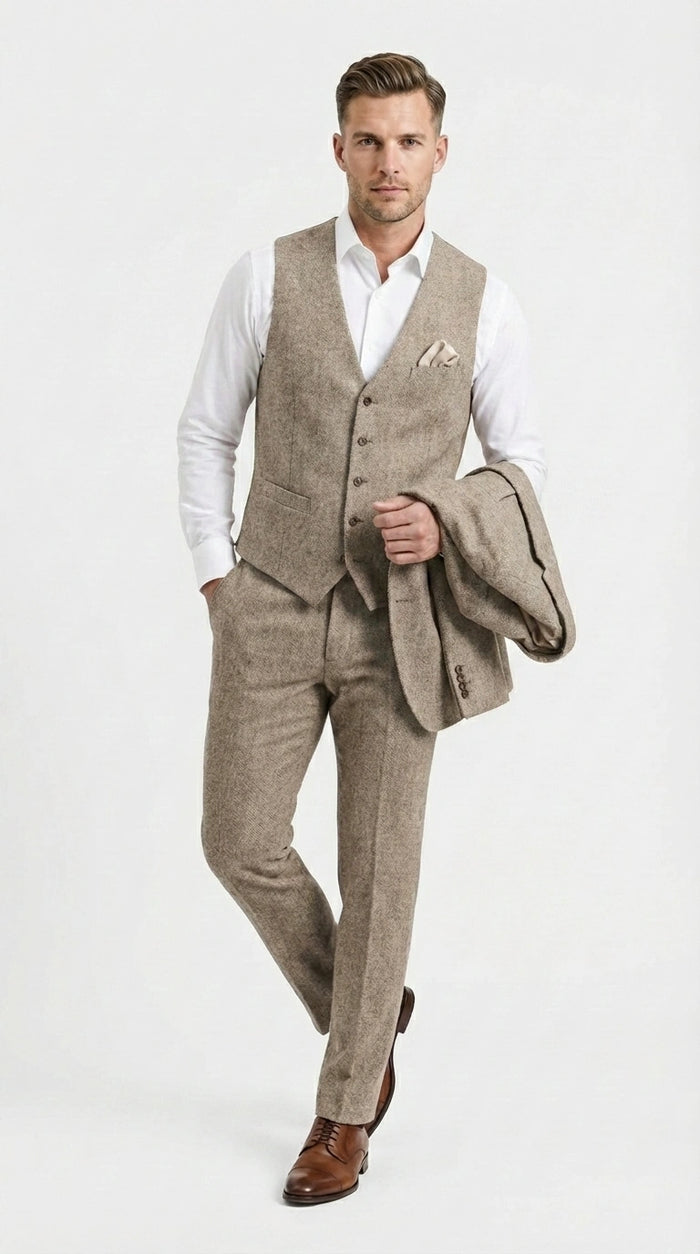 Men’s Light Beige Herringbone Tweed Suit with Vest – Classic Three Piece Formal Suit, Vintage Business Wedding Outfit, Elegant Smart Casual Wear
