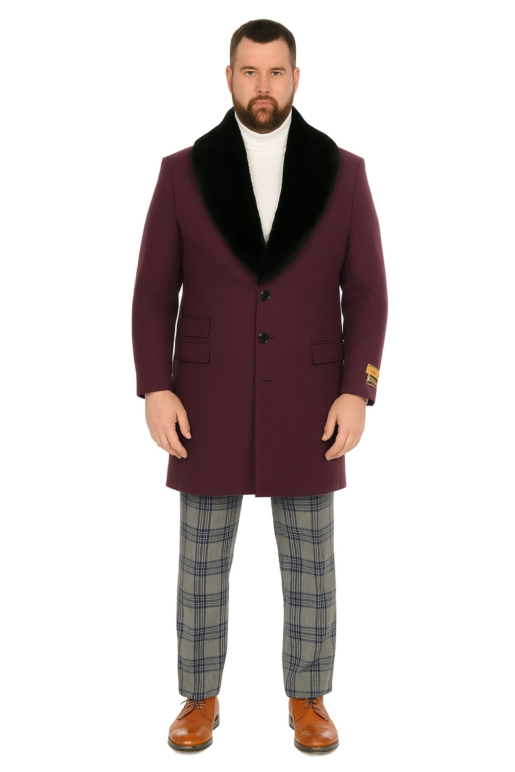 Mens Purple Wool Overcoat with Black Faux Fur Collar  Luxury Winter Dress Coats for Formal and Casual Wears Purple / Coat Size 56