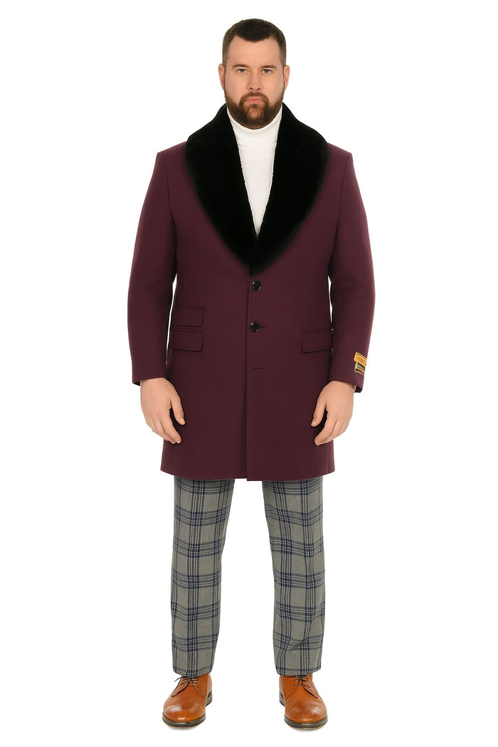 Mens Purple Pimp Coat - Overcoat with Black Faux Fur Collar – Luxury Winter Dress Coat for Formal and Casual Wear