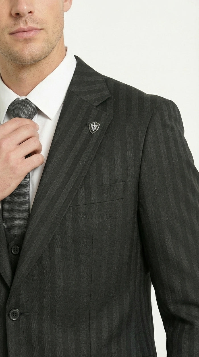 Men’s Black Pinstripe 3 Piece Suit – Vested Formal Business Suit for Wedding, Office, Prom and Party Wear