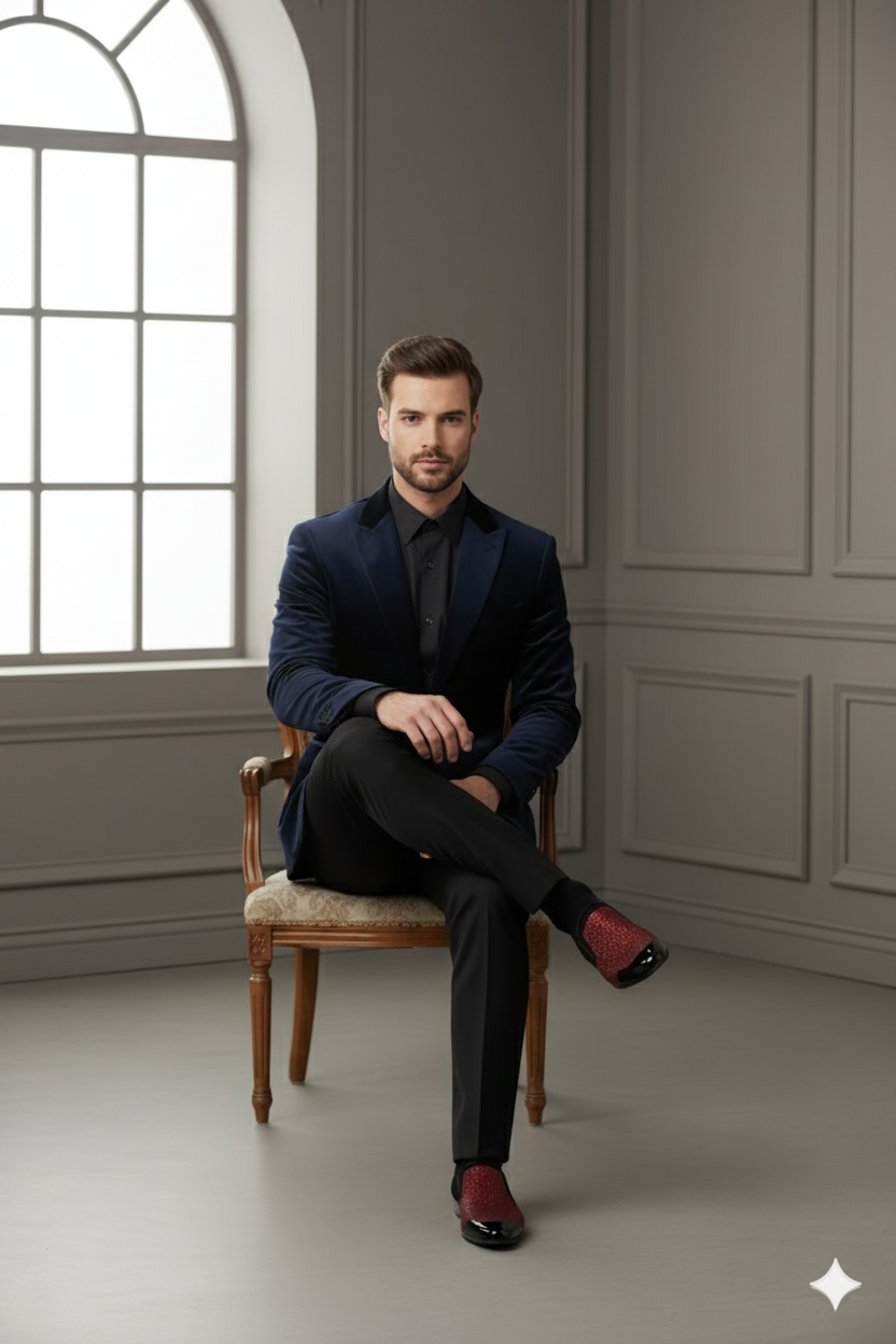 Red Glitter Tuxedo Loafers with Patent Toe