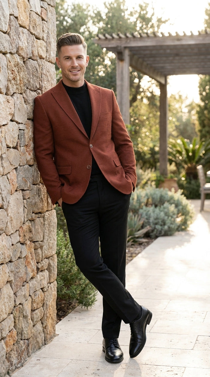 Men’s Rustic Brown Textured Blazer with Notched Lapel, Formal Dress Jacket for Weddings, Parties, Business Look