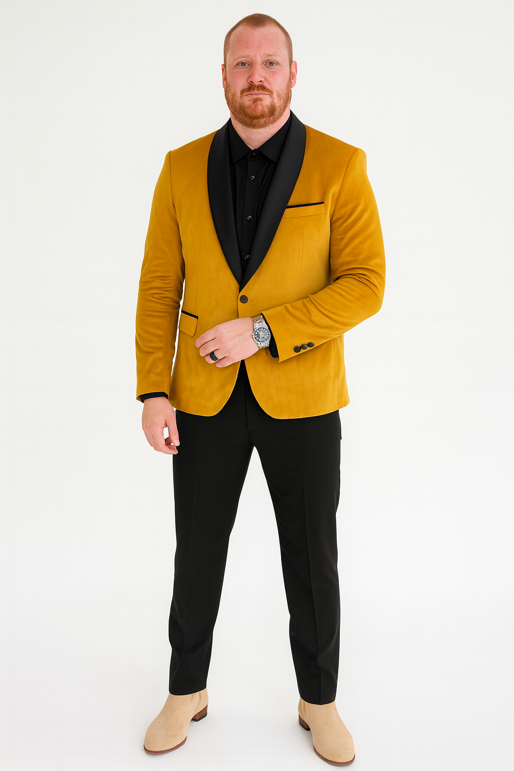 Mens Mustard Gold Tuxedo Jacket Slim Fit Dinner Blazer with Black Satin Shawl Lapel + Free Black Pants & Bowtie Gold / 44 Long Jacket+38 Waist Mens Mustard Gold Tuxedo Jacket Slim Fit Dinner Blazer with Black Satin Shawl Lapel + Free Black Pants & Bowtie Gold / 44 Long Jacket+38 Waist