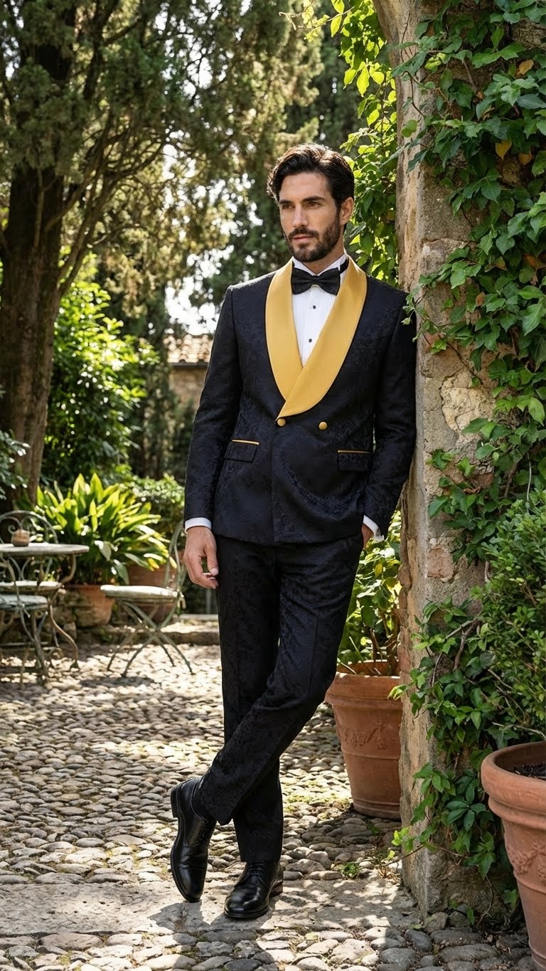 Mens Black and Gold Jacquard Tuxedo Suit Luxury Slim Fit Formal Wedding, Prom, and Gala Outfit Black and Gold / 46 Short Jacket+40 Waist Adjust Mens Black and Gold Jacquard Tuxedo Suit Luxury Slim Fit Formal Wedding, Prom, and Gala Outfit Black and Gold / 46 Short Jacket+40 Waist Adjust